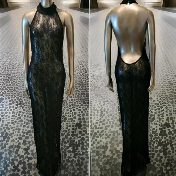 NWT Black Sexy Sheer Halter Neck Backless Bodycon Maxi Dress Sz S - Picture 5 of 9